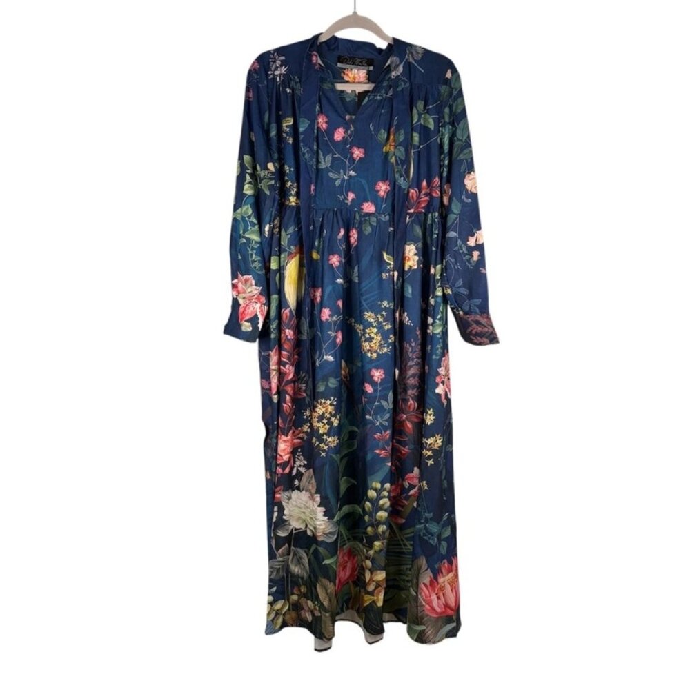 NWT Dalia Macphee Womens Navy Multi Long Sleeve Tie Neck Floral Maxi Dress Sz L - Picture 6 of 15
